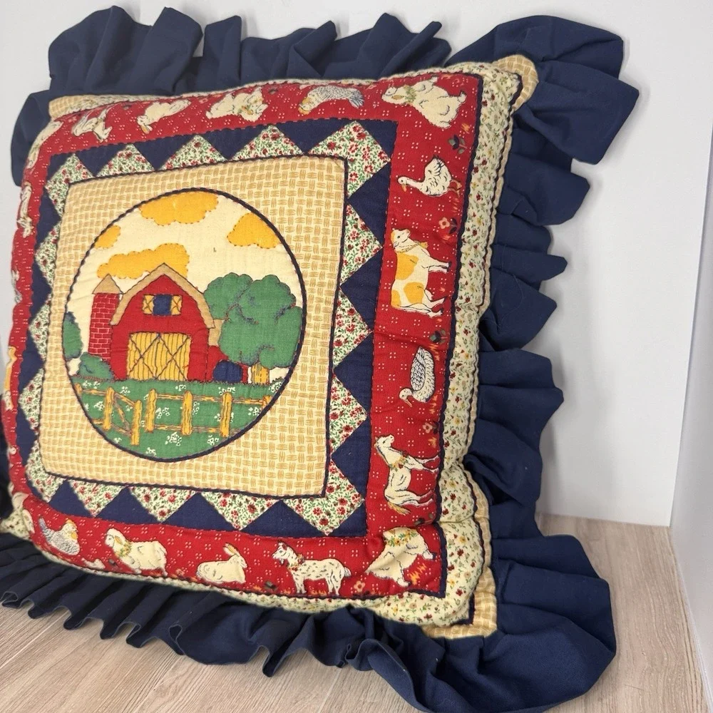 Farmhouse‎ Barn Throw Pillow Quilted Ruffle Edge Country Decor Red Blue